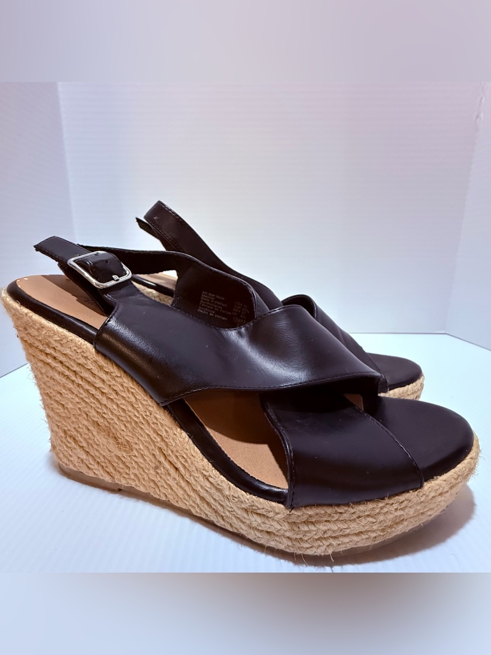 Women's Black Wedge Espadrille Slingback Sandals Buckle Adjustable Strap US 10